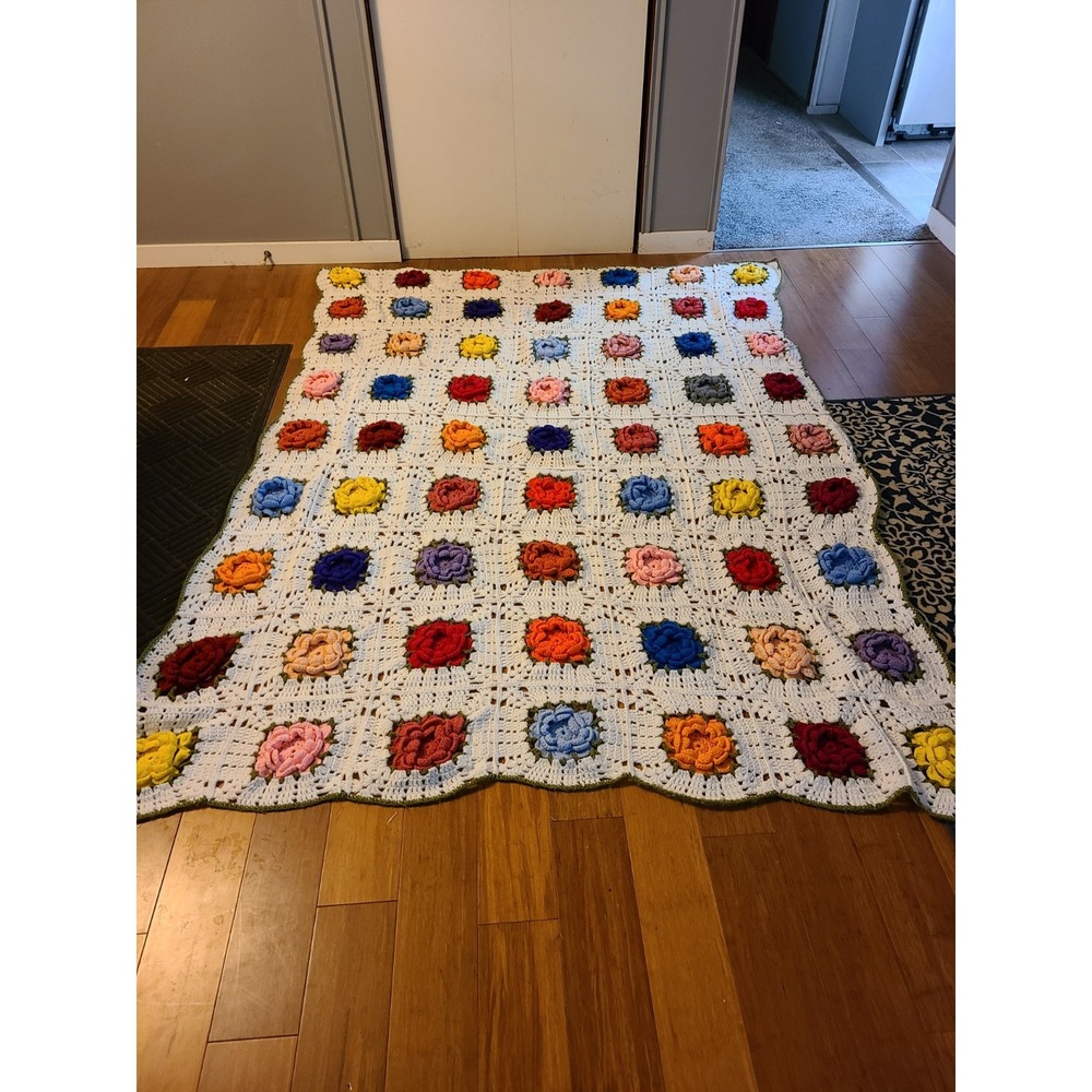 Handmade Vintage Crochet Afghan Colorful 3D Rose Motifs on a White Background